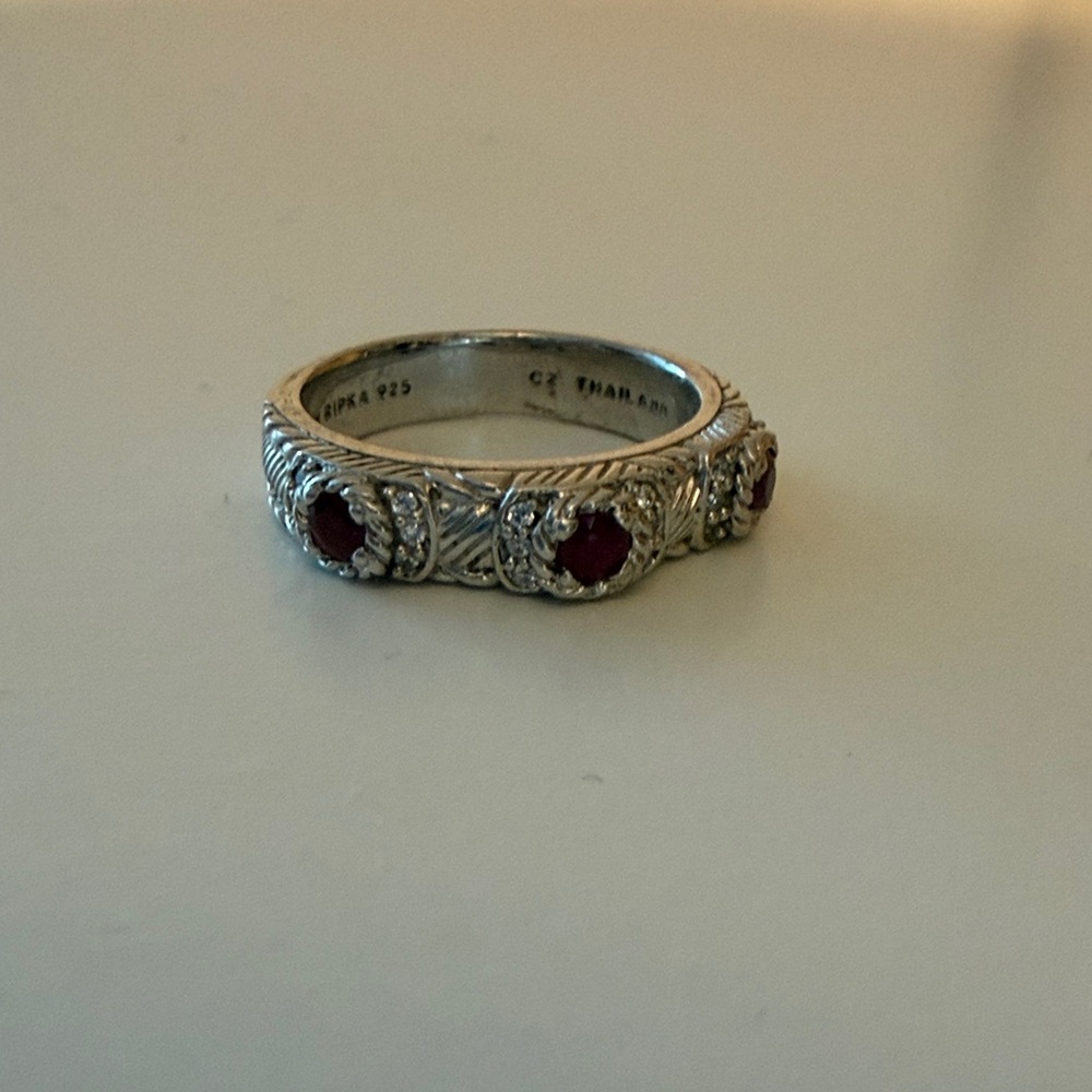 Judith Ripka Silver Ring with Deep Red Gem Accents